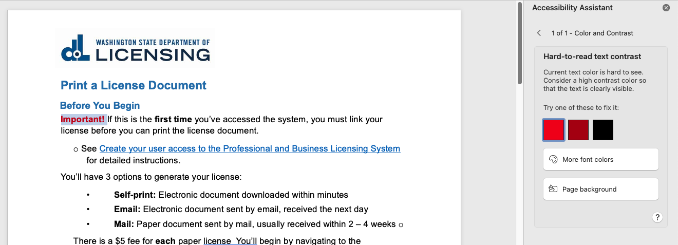 Screenshot of a color contrast violation in Word along with a color picker tool for fixing it