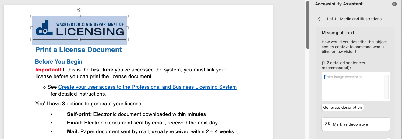 Screenshot of a PDF opened in Word showing an alt text violation