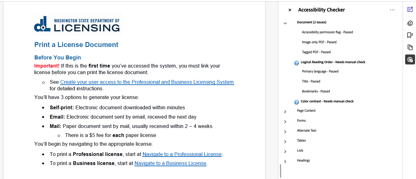 Screenshot of the accessibility issues report for the sample document showing no errors