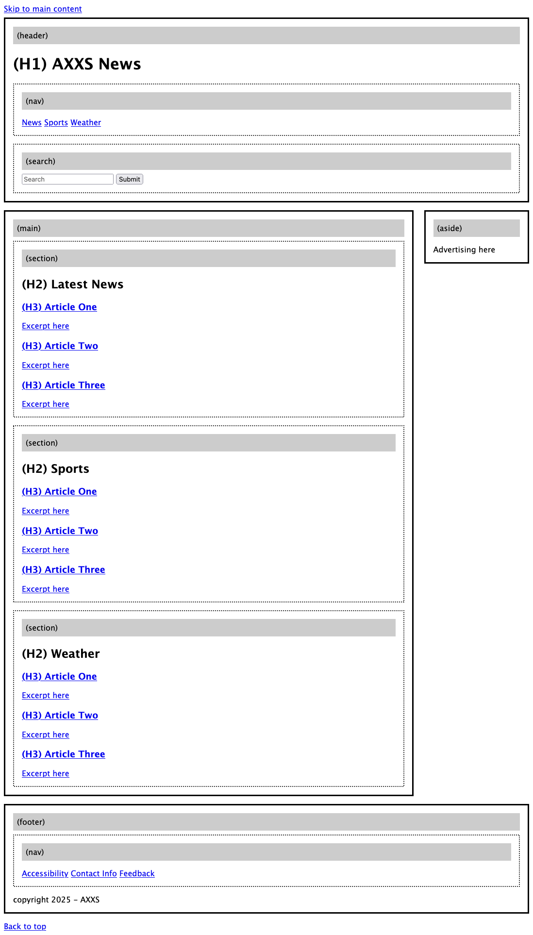 Screenshot of a demo web page showing regions and headings
